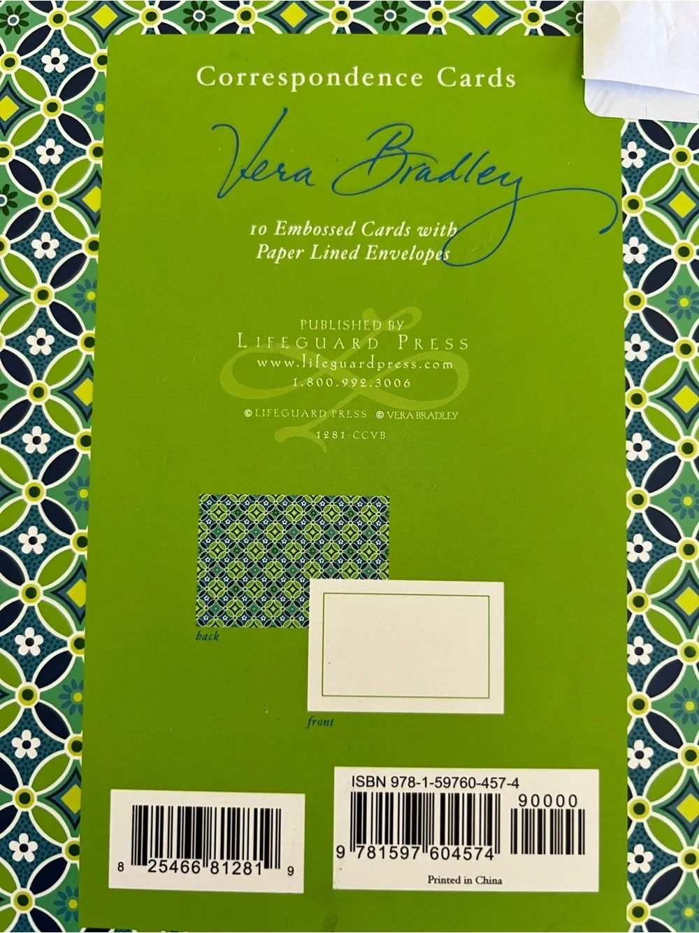 Vera Bradley Green and Navy Correspondence Cards